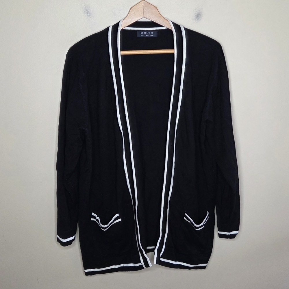 Bloomchic Black Open Front Cardigan with White Trim Size US 12 Preppy Classic